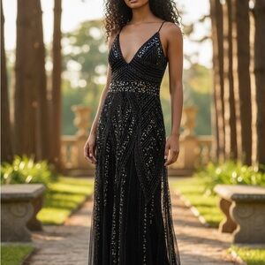 MARINA Black and Gold Embellished Prom Dress